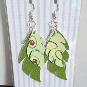 Avocado 🥑 Green Feather‎ Faux Leather Handcrafted New Earrings